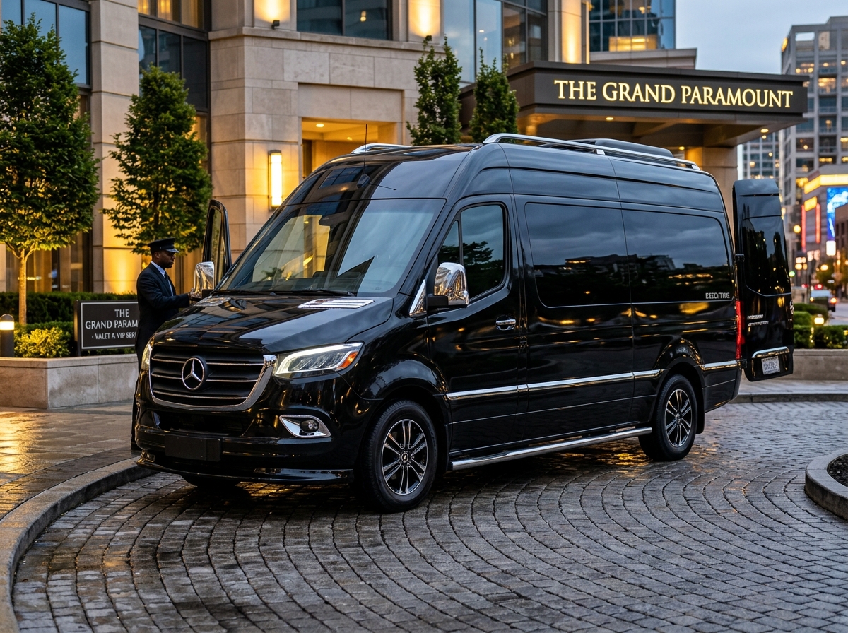 Black Mercedes Sprinter luxury van for group JFK airport transfer NYC